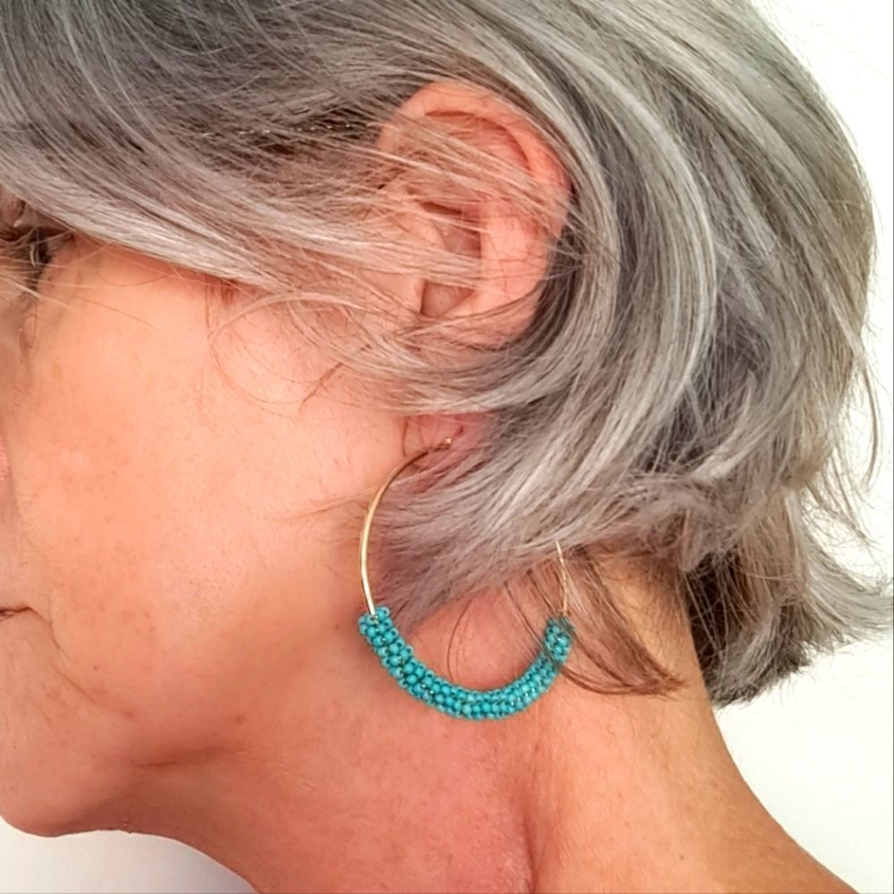 Seed Beaded Hoop Earrings Turquoise Green